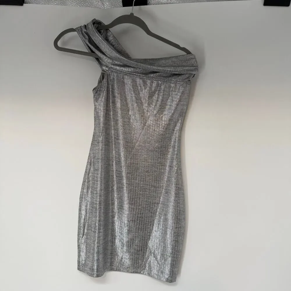 H:ours One Shoulder Bodycon Mini Dress Womens Small Silver Metallic Asymmetric - Picture 1 of 5